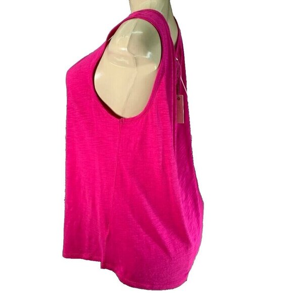 Cupio Blush L Pink Zinnia L Shirred Scoop Neck Curved Hem Cotton Blend Tank Top - Picture 5 of 6